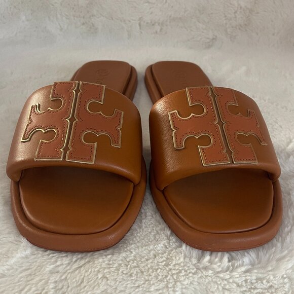 TORY BURCH Double T Logo Sport Leather Slide Sandal Aged Camello/Gold Size: 9 - Picture 5 of 16